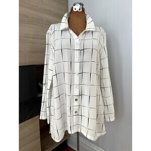 John Mark Wms Sz S Grid A-Line Tunic Top White Lagenlook Casual Breezy Relaxed